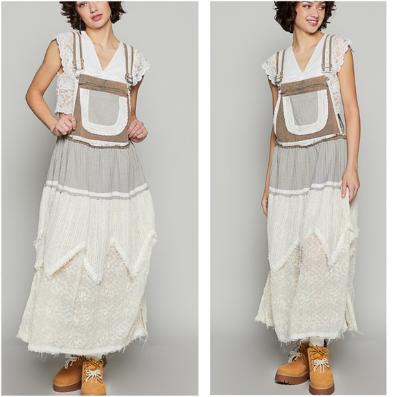 POL Color Block Adjustable Straps Pockets Lace Denim overall Dress - Picture 1 of 3